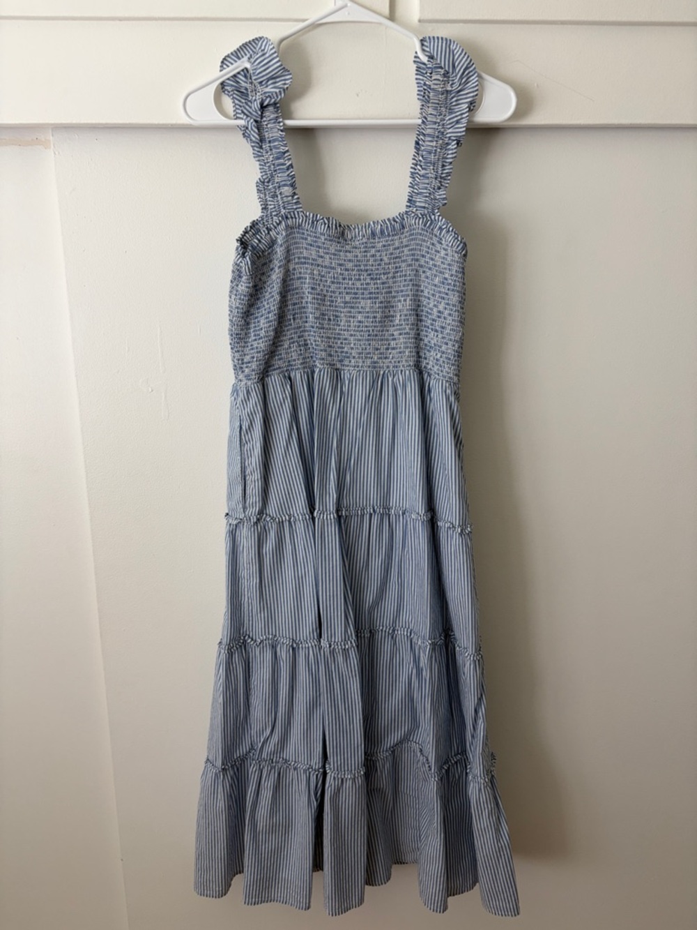 J. Crew Blue and White Stripe Smocked Maxi Dress